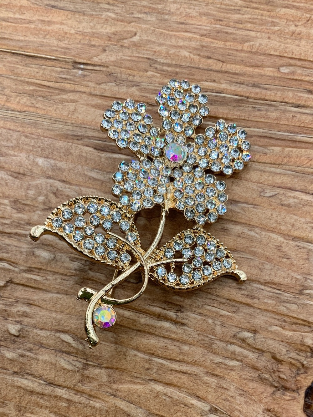 Flower Gold Tone and Clear Crystal Brooch
